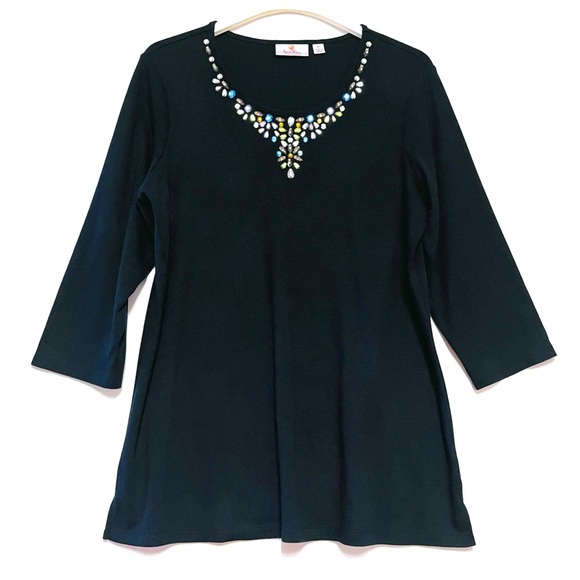 Quacker Factory Jewelled Neck Tunic Top Size Medium Black Knit Sparkly Colorful - Picture 1 of 8